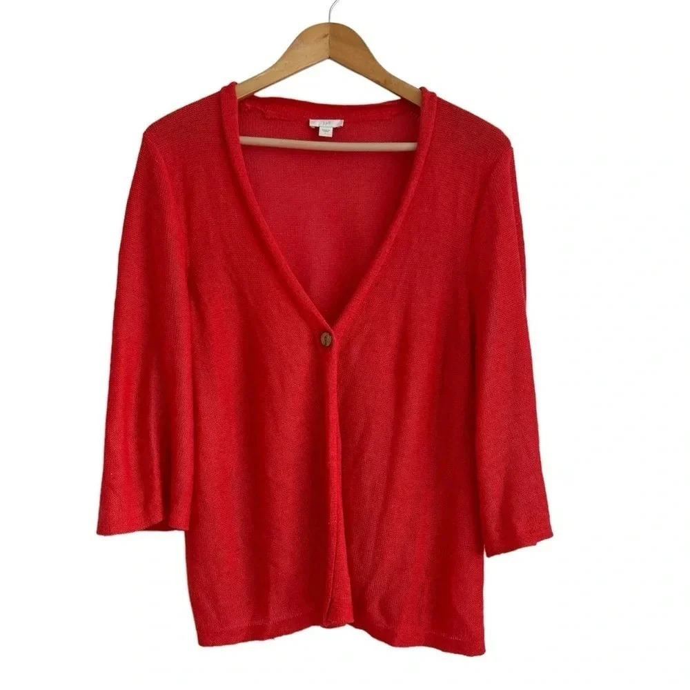 J Jill Large Coral Linen Blend Cardigan Knit Single Button Lightweight